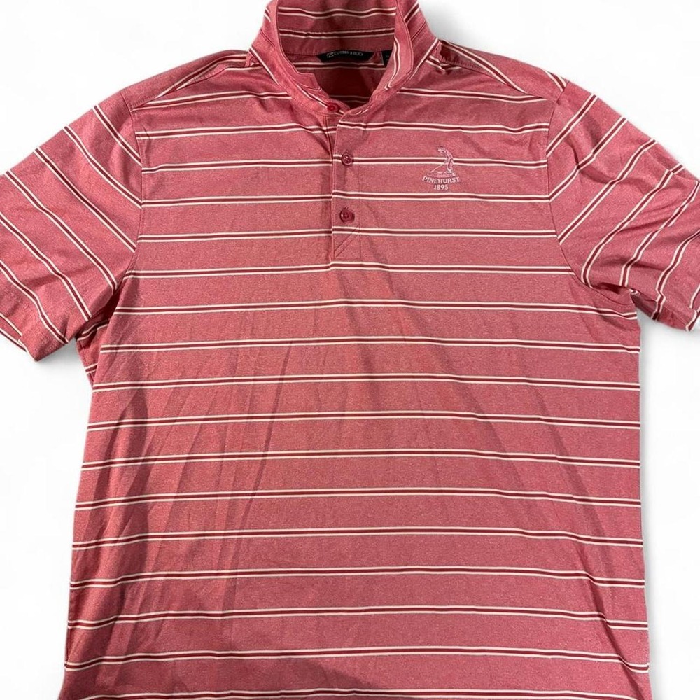 NWOT Cutter & Buck Pinehurst 1895 pink polo shirt with white stripes. Men's XL